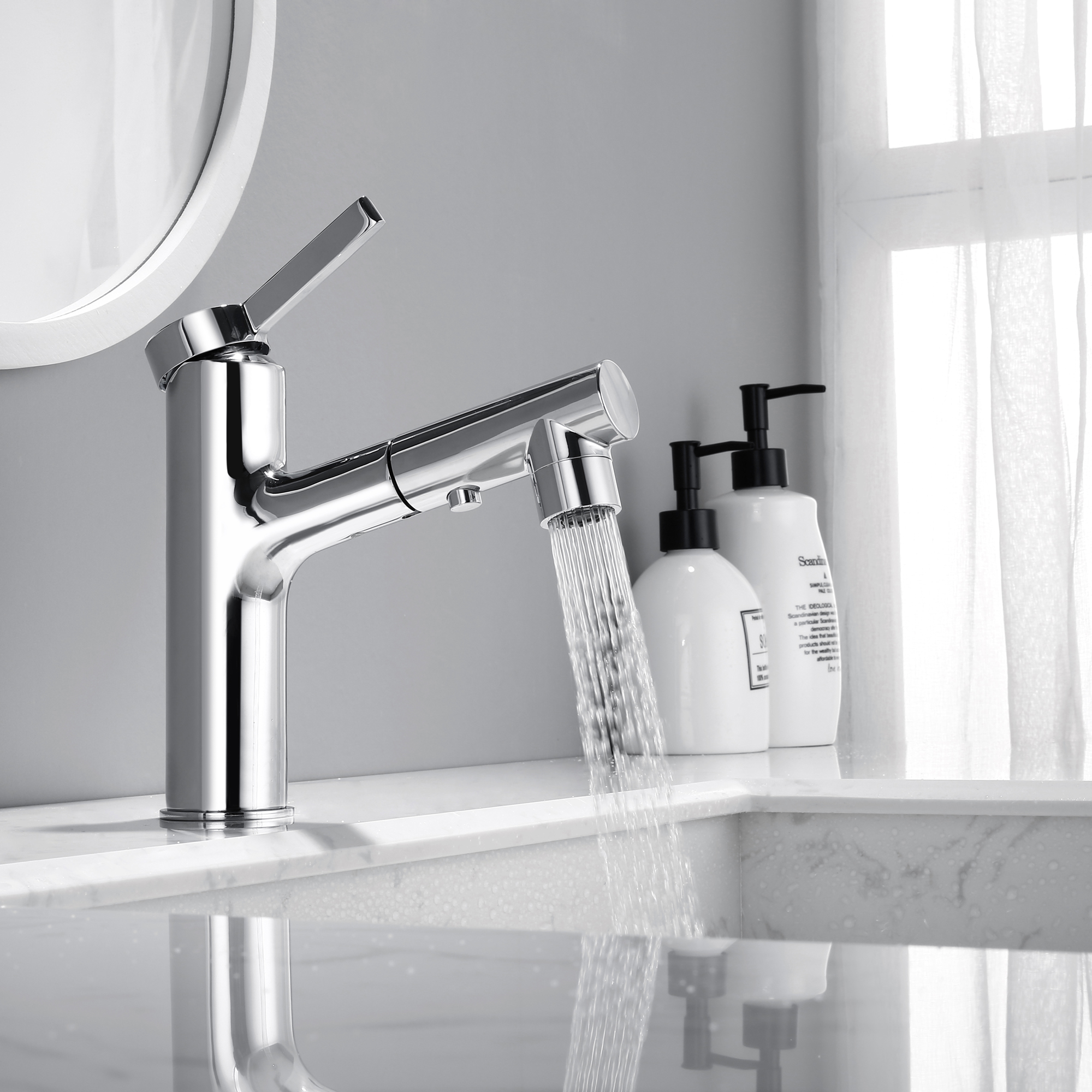 Lavabo de baño de lujo de latón, grifo de lavabo con rociador extraíble cromado 